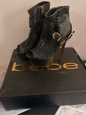 bebe Black Woven Peep-Toe Stiletto Booties with Gold Buckles